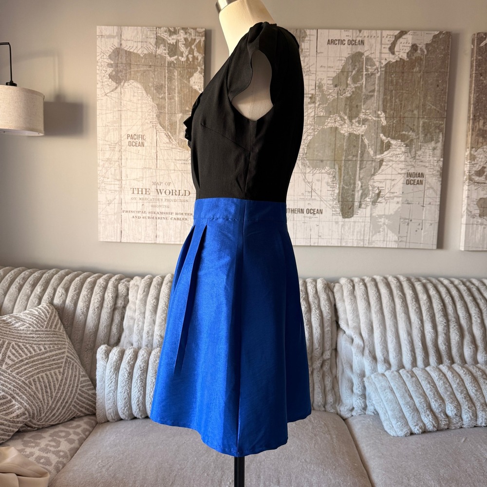 Vintage Annabelle‎ Women's Black Blue Bow Pleated Fit Flare Dress Medium - Picture 3 of 6